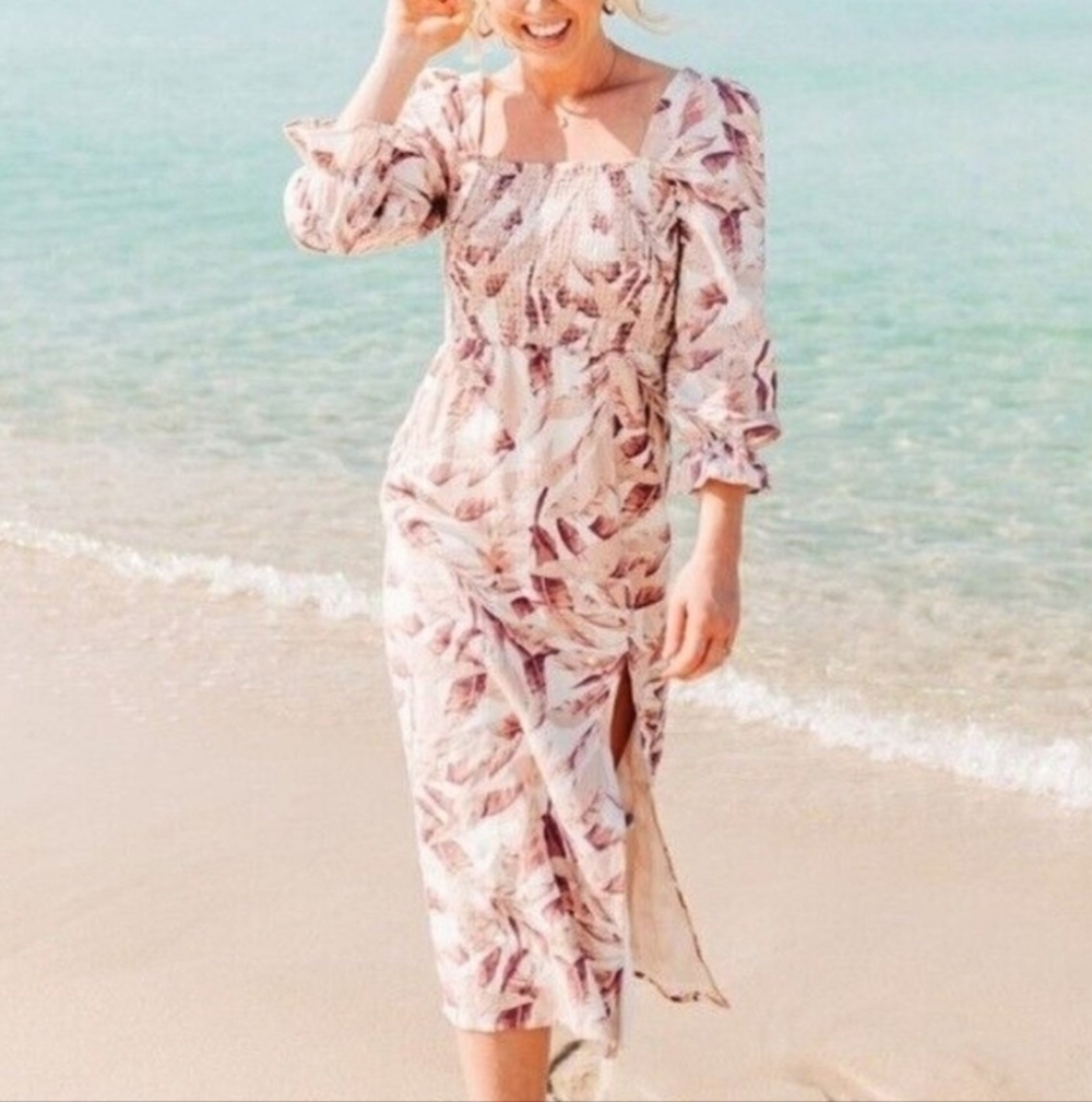 HOUSE of HARLOW 1960 Linen Blend Tropical Floral Print Midi Dress, size S